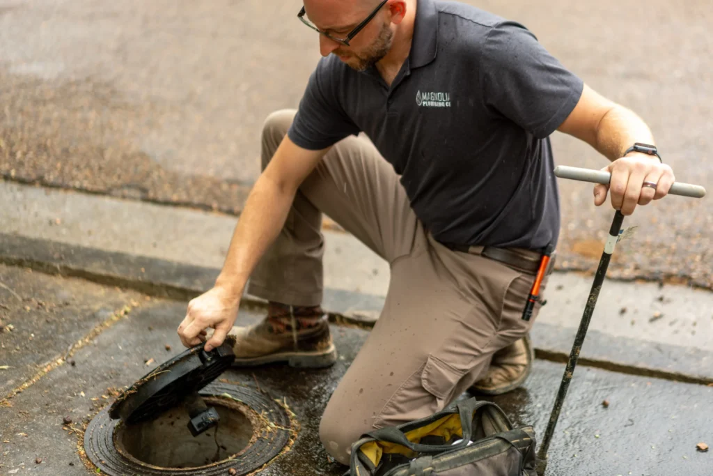 A worker in a navy shirt kneels on the wet street in Memphis, TN, opening a manhole cover with one hand while holding a tool in the other—a tool bag from Magnolia Plumbing sits nearby, highlighting residential plumbing expertise.