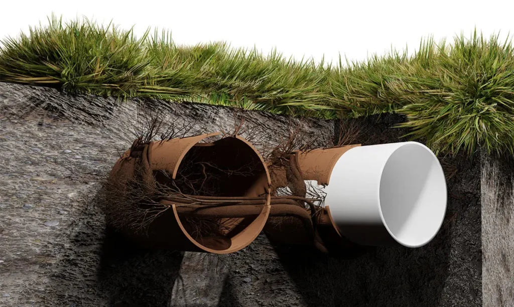 A cross-section of soil shows a broken brown underground pipe with roots infiltrating it and a clean, intact white pipe—highlighting the importance of residential plumbing in Memphis TN; grass grows on the surface above both pipes.