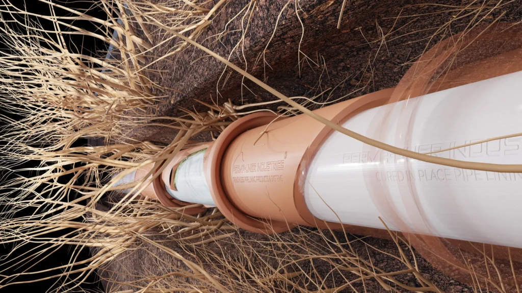A close-up illustration shows a large, white and brown Magnolia Plumbing pipeline running underground amidst dry soil and tangled, dry grass roots, highlighting the interaction between residential plumbing and its natural surroundings.