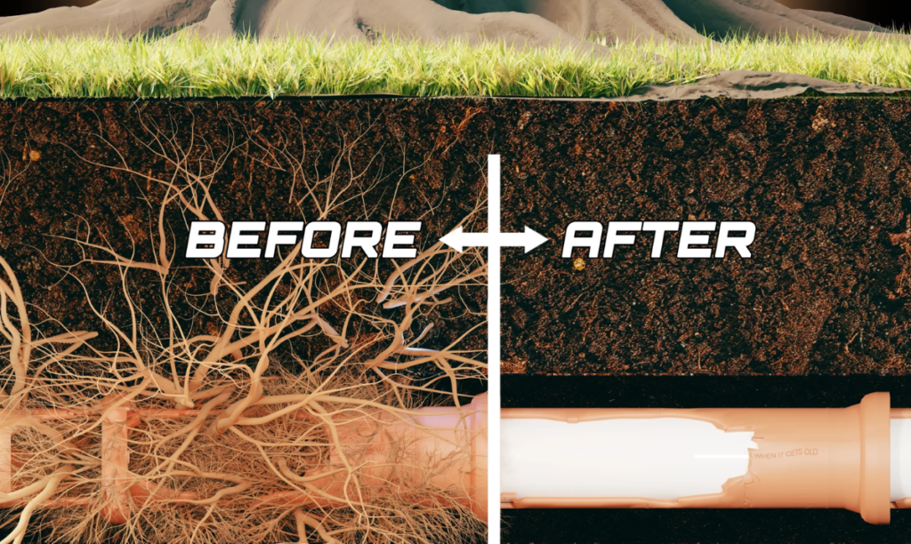 An underground pipe is shown in cross-section; on the left, roots surround and penetrate the pipe (before), while on the right, Magnolia Plumbing has restored it to clean, root-free condition (after). Grass and soil appear above the pipe in Memphis TN.