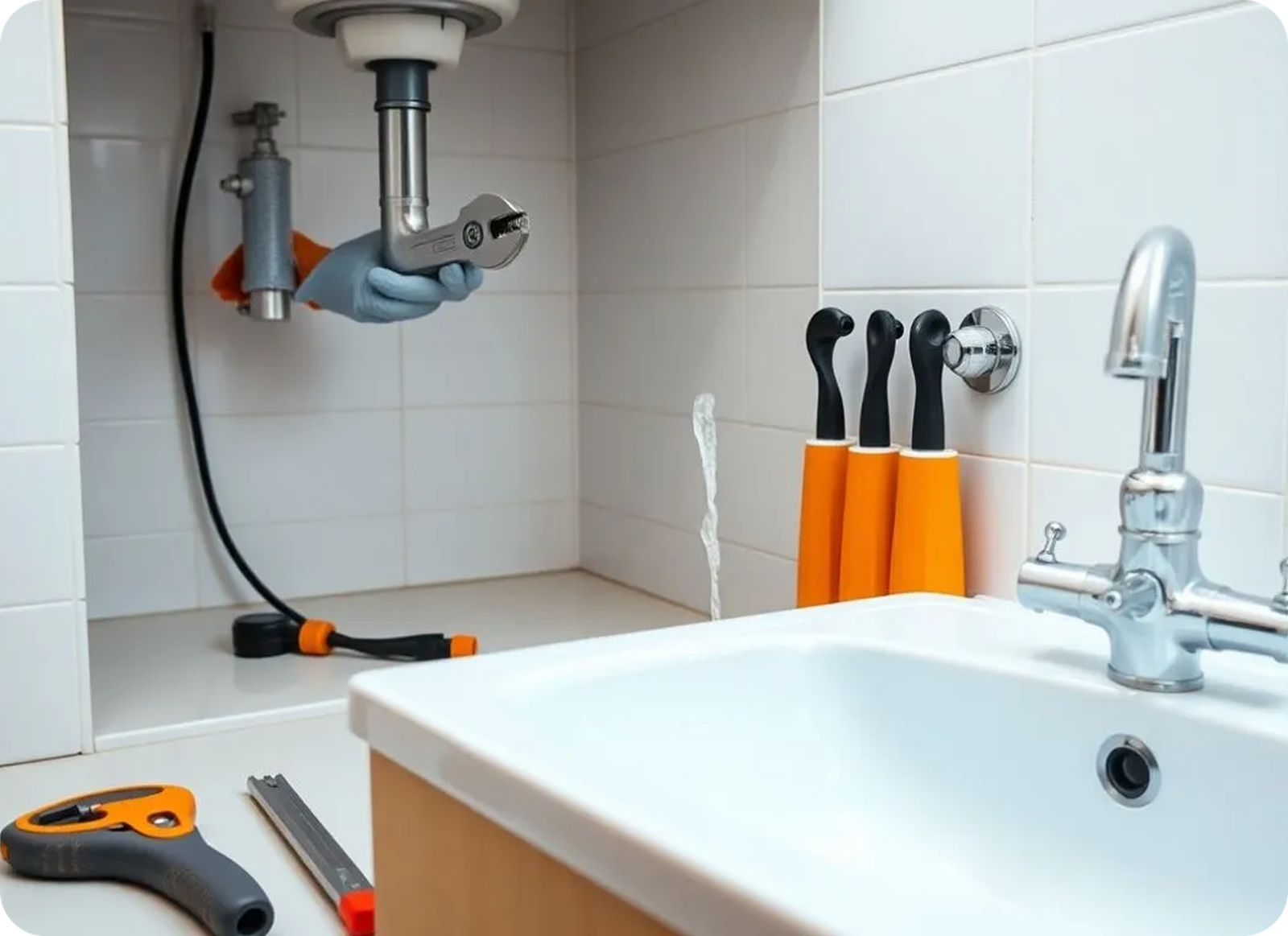 A person’s hand uses a wrench to fix residential plumbing under a sink in a tiled kitchen. Tools, including a tape measure and utility knife, lie on the counter. Four knives in orange holders are mounted near the Magnolia Plumbing sink.