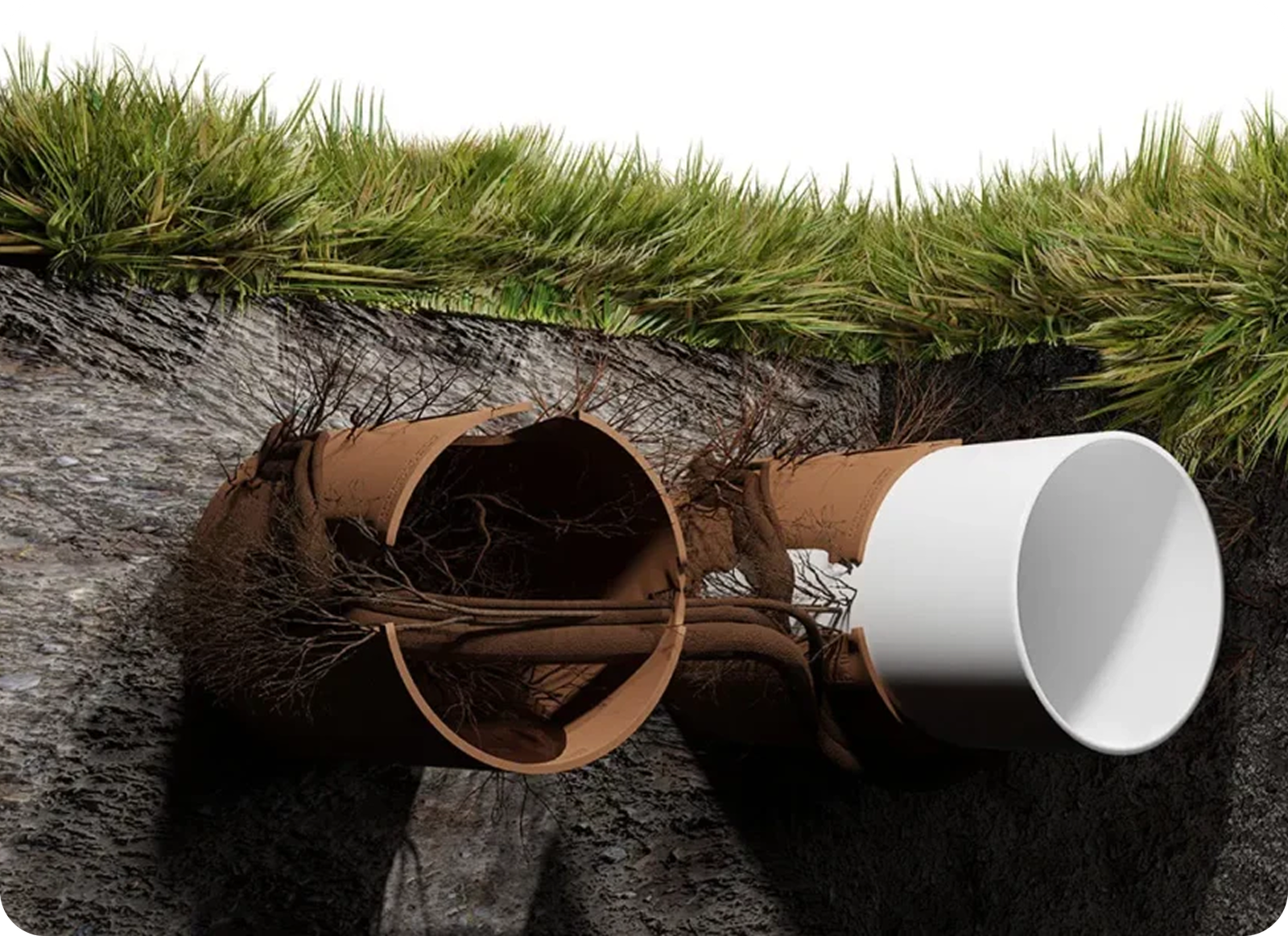 A cross-section of soil with grass on top shows a broken brown underground pipe blocked by tree roots on the left, connected to a new, clean white pipe on the right—expertly repaired by Magnolia Plumbing, your residential plumbing experts in Memphis TN.