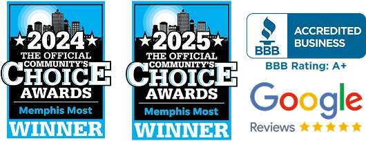 Two award badges for the 2024 and 2025 Official Community’s Choice Awards, labeled Memphis Most Winner in Memphis TN, plus BBB Accredited Business with A+ rating and Magnolia Plumbing's five-star Google Reviews.