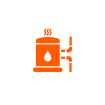 Orange icon of an industrial tank with a drop symbol, steam rising from the top, and connected pipes, representing a liquid processing or storage system—ideal for illustrating Magnolia Plumbing’s residential plumbing solutions in Memphis TN. White background.