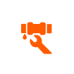 Orange icon of a hand holding a wrench fixing a leaky pipe, with a water droplet falling from the pipe, on a light background—perfect for representing residential plumbing services in Memphis TN by Magnolia Plumbing.