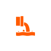 Orange icon of a pipe discharging liquid into water, with splashes, symbolizing wastewater or pollution—ideal for representing Magnolia Plumbing’s commitment to addressing residential plumbing issues in Memphis TN. White background.